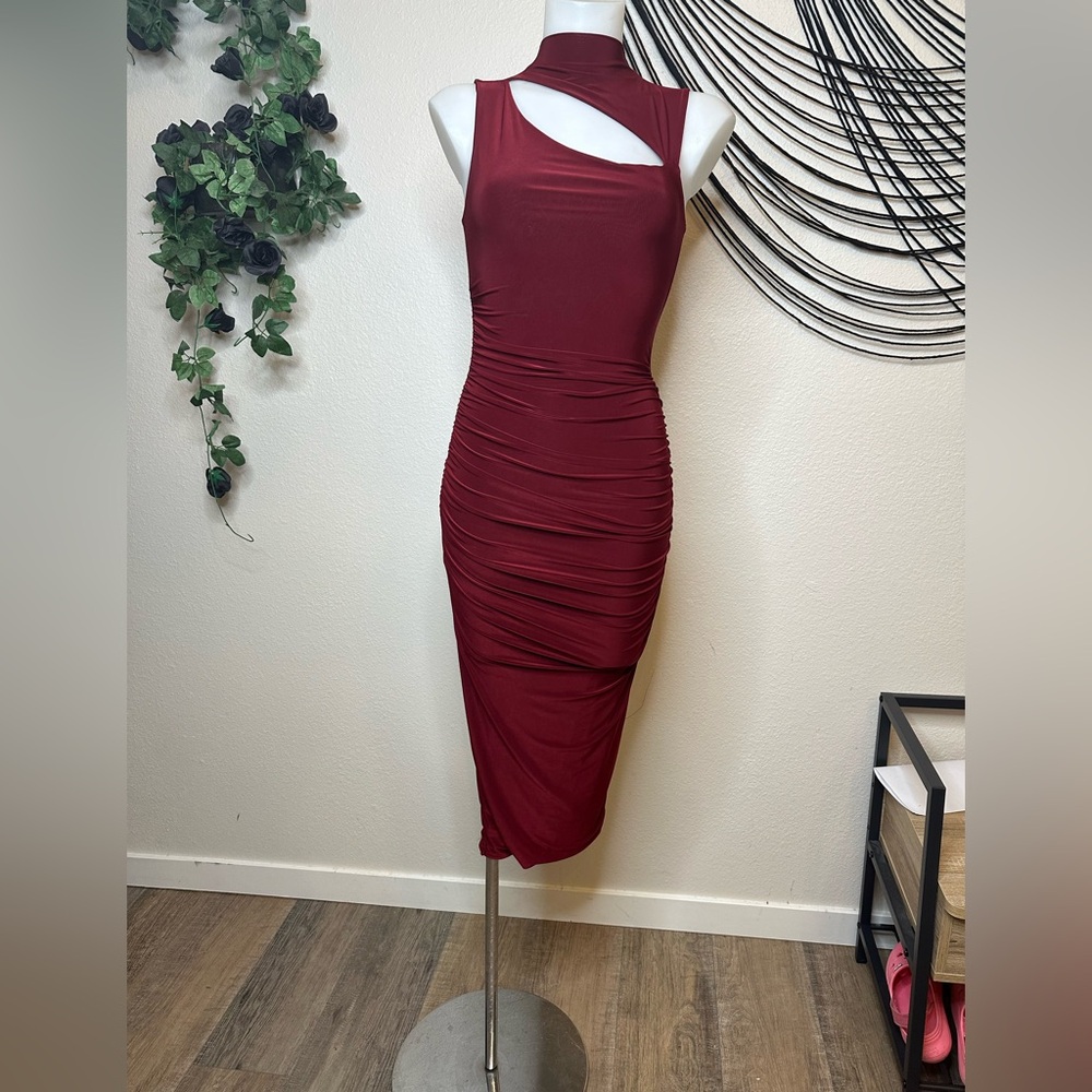 Nasty Gal Red Asymmetrical Ruched Midi Dress